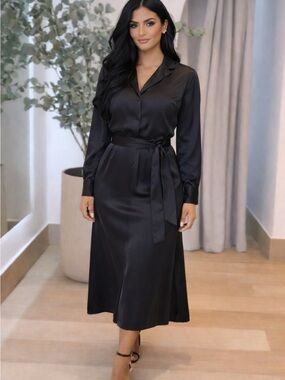 Satin Button-Front Midi Dress with Self-Tie Waist - Black